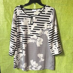 New York & Company Black and White Floral Striped Blouse